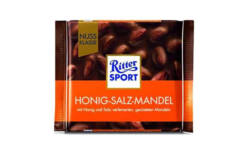"Ritter sport"- რძიანი შოკოლადი მოხალული, მარილიანი ნუშით და თაფლის გარსით 100გ