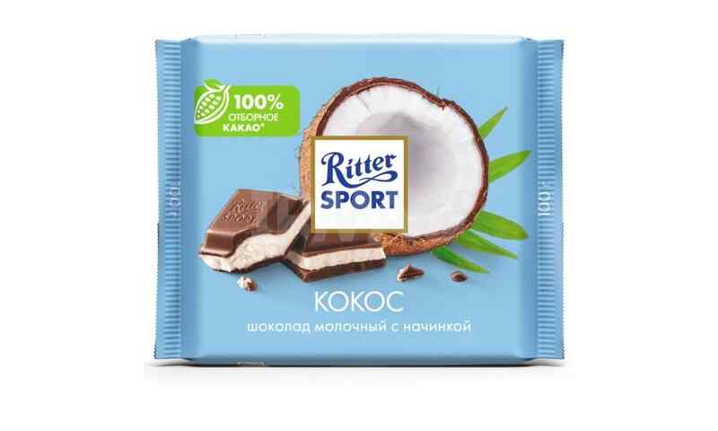 "Ritter sport"- რძიანი შოკოლადი მთლიანი ნუშით და ქოქოსის შიგთავსით 12*100 გ